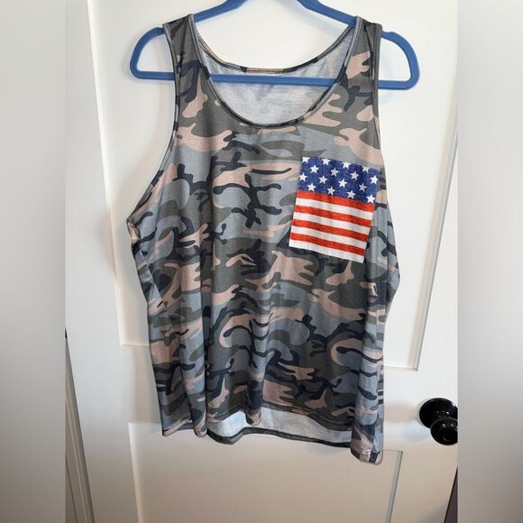 Camo Tank Top with American Flag Pocket - Picture 1 of 4